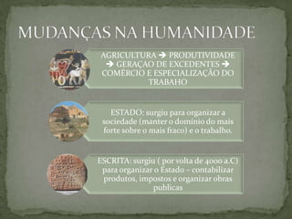 AGRICULTURA  PRODUTIVIDADE
  GERAÇAO DE EXCEDENTES 
COMÉRCIO E ESPECIALIZAÇÃO DO
          TRABAHO


   ESTADO: surgiu para organizar a
 sociedade (manter o domínio do mais
 forte sobre o mais fraco) e o trabalho.


ESCRITA: surgiu ( por volta de 4000 a.C)
 para organizar o Estado – contabilizar
 produtos, impostos e organizar obras
               publicas
 