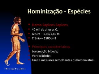 Hominização - Espécies


Homo Sapiens Sapiens



40 mil de anos a. C.
Altura – 1,60/1,85 m
Crânio – 1500cm3






Principais características



Locomoção bípede;
Verticalidade;
Face e maxilares semelhantes os homem atual.




 