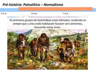 Pré-história: Paleolítico – Nomadismo
3 m.a. 2 m.a. 1 m.a.
Os primeiros grupos de hominídeos eram nômades, mudando-se
sempre que a área onde habitavam ficavam sem alimentos,
buscando novas áreas.
 