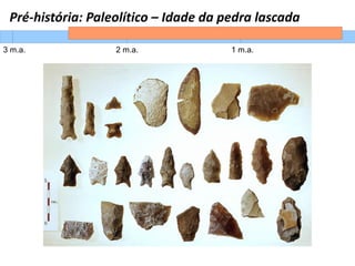 Pré-história: Paleolítico – Idade da pedra lascada
3 m.a. 2 m.a. 1 m.a.
 
