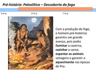 Pré-história: Paleolítico – Descoberta do fogo
3 m.a. 2 m.a. 1 m.a.
Com a produção do fogo,
o homem pré-histórico
garantiu...