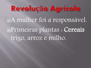 A mulher foi a responsável.
Primeiras plantas : Cereais
trigo, arroz e milho.
 