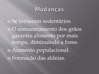  Se tornaram sedentários
 O armazenamento dos grãos
garantiu alimento por mais
tempo, diminuindo a fome.
 Aumento populacional.
 Formação das aldeias.
 