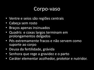 Corpo-vaso 
• Ventre e seios são regiões centrais 
• Cabeça sem rosto 
• Braços apenas insinuados 
• Quadris e coxas largos terminam em 
prolongamentos delgados 
• Pés extremamente fracos e não servem como 
suporte ao corpo 
• Deusa da fertilidade, grávida 
• Senhora que rege a gravidez e o parto 
• Caráter elementar acolhedor, protetor e nutridor. 
 