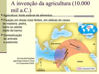  Agricultura: fonte estável de alimentos
 Fixação em áreas mais férteis, em aldeias de casas
de madeira, pedra,
barro ou adobe
(tijolo de barro)
 Domesticação
de animais
e pastoreio
As transformações
agrícolas tiveram início
no Crescente Fértil.
A invenção da agricultura (10.000
mil a.C.)
 