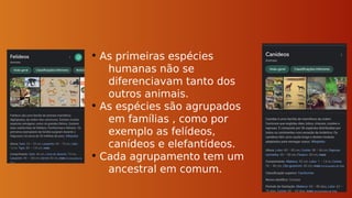 • As primeiras espécies
humanas não se
diferenciavam tanto dos
outros animais.
• As espécies são agrupados
em famílias , como por
exemplo as felídeos,
canídeos e elefantídeos.
• Cada agrupamento tem um
ancestral em comum.
 