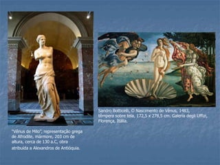 “Vênus de Milo”, representação grega
de Afrodite, mármore, 203 cm de
altura, cerca de 130 a.C, obra
atribuída a Alexandros de Antióquia.
Sandro Botticelli, O Nascimento de Vênus, 1483,
têmpera sobre tela, 172,5 x 278,5 cm. Galeria degli Uffizi,
Florença, Itália.
 