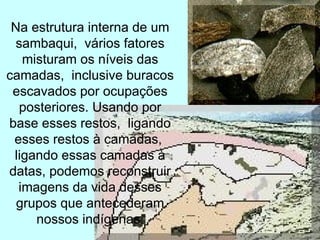 Na estrutura interna de um sambaqui,  vários fatores misturam os níveis das camadas,  inclusive buracos escavados por ocupações posteriores. Usando por base esses restos,  ligando esses restos à camadas,  ligando essas camadas à datas, podemos reconstruir imagens da vida desses grupos que antecederam nossos indígenas   