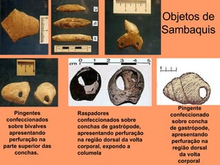 Pingente confeccionado sobre concha de gastrópode, apresentando perfuração na região dorsal da volta corporal   Pingentes confeccionados sobre bivalves apresentando perfuração na parte superior das conchas.   Raspadores confeccionados sobre conchas de gastrópode,  apresentando perfuração na região dorsal da volta corporal, expondo a columela   Objetos de Sambaquis 