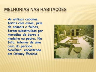 MELHORIAS NAS HABITAÇÕES
 As antigas cabanas,
feitas com ossos, pele
de animais e folhas,
foram substituídas por
moradias de barro e
madeira ou pedra. Na
foto, interior de uma
casa do período
Neolítico, encontrada
em Orkney,Escócia.
 
