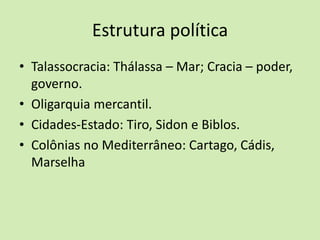 Estrutura política
• Talassocracia: Thálassa – Mar; Cracia – poder,
governo.
• Oligarquia mercantil.
• Cidades-Estado: Tiro, Sidon e Biblos.
• Colônias no Mediterrâneo: Cartago, Cádis,
Marselha
 