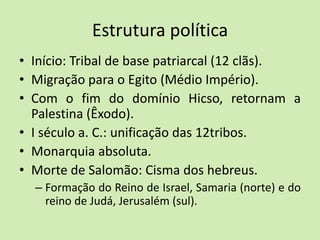Estrutura política
• Início: Tribal de base patriarcal (12 clãs).
• Migração para o Egito (Médio Império).
• Com o fim do domínio Hicso, retornam a
Palestina (Êxodo).
• I século a. C.: unificação das 12tribos.
• Monarquia absoluta.
• Morte de Salomão: Cisma dos hebreus.
– Formação do Reino de Israel, Samaria (norte) e do
reino de Judá, Jerusalém (sul).
 