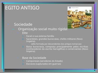 EGITO ANTIGO
• Sociedade
– Organização social muito rígida!
• Elite
1. Faraó e sua extensa família
2. Sacerdotes, grandes burocratas, chefes militares (Novo
Império).
• {elite formada por descendentes dos antigos nomarcas}
3. Baixa burocracia, composta principalmente pelos escribas
(conhecedores da escrita hieroglífica) e comerciantes (Novo
Império)
• Base da Sociedade
1. Camponeses (servidores do Estado)
2. Escravos (capturados em guerras)
 
