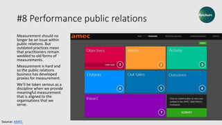 #8 Performance public relations
Measurement should no
longer be an issue within
public relations. But
outdated practices mean
that practitioners remain
wedded to old forms of
measurements.
Measurement is hard and
so the public relations
business has developed
proxies for measurement.
We’ll be taken serious as a
discipline when we provide
meaningful measurement
that is aligned to the
organisations that we
serve.
Source: AMEC
 