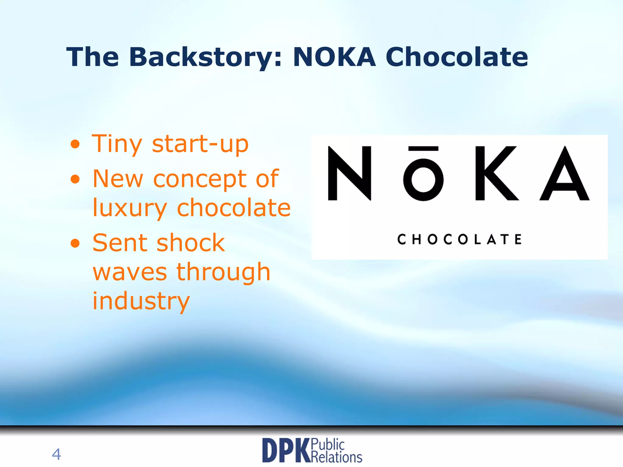 The Backstory: NOKA Chocolate Tiny start-up New concept of luxury chocolate Sent shock waves through industry 