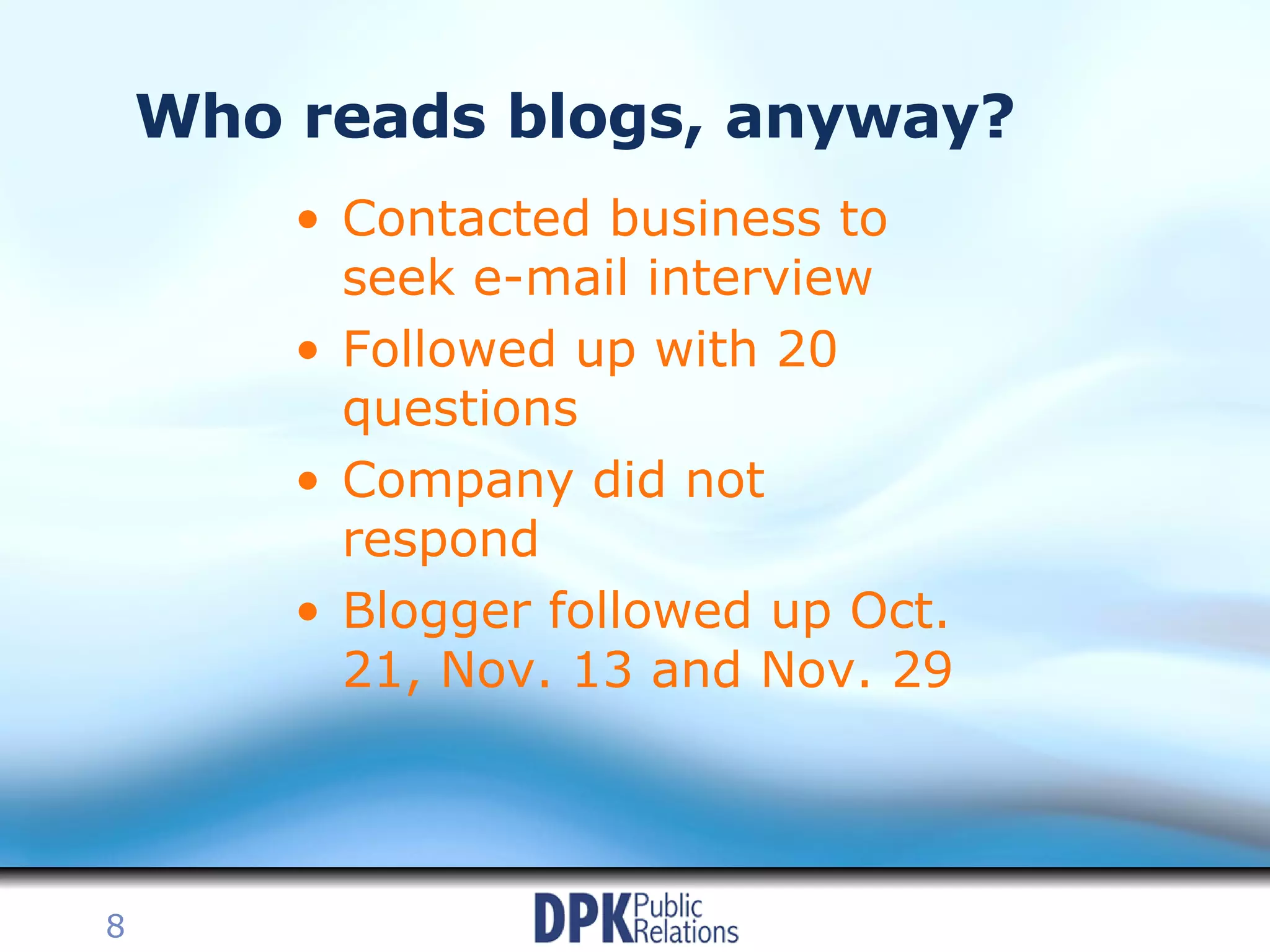 Who reads blogs, anyway? Contacted business to seek e-mail interview Followed up with 20 questions Company did not respond Blogger followed up Oct. 21, Nov. 13 and Nov. 29 