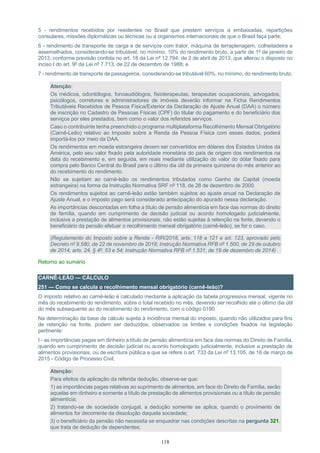 118
5 - rendimentos recebidos por residentes no Brasil que prestem serviços a embaixadas, repartições
consulares, missões diplomáticas ou técnicas ou a organismos internacionais de que o Brasil faça parte;
6 - rendimento de transporte de carga e de serviços com trator, máquina de terraplenagem, colheitadeira e
assemelhados, considerando-se tributável, no mínimo, 10% do rendimento bruto, a partir de 1º de janeiro de
2013, conforme previsão contida no art. 18 da Lei nº 12.794, de 2 de abril de 2013, que alterou o disposto no
inciso I do art. 9º da Lei nº 7.713, de 22 de dezembro de 1988; e
7 - rendimento de transporte de passageiros, considerando-se tributável 60%, no mínimo, do rendimento bruto.
Atenção:
Os médicos, odontólogos, fonoaudiólogos, fisioterapeutas, terapeutas ocupacionais, advogados,
psicólogos, corretores e administradores de imóveis deverão informar na Ficha Rendimentos
Tributáveis Recebidos de Pessoa Física/Exterior da Declaração de Ajuste Anual (DAA) o número
de inscrição no Cadastro de Pessoas Físicas (CPF) do titular do pagamento e do beneficiário dos
serviços por eles prestados, bem como o valor dos referidos serviços.
Caso o contribuinte tenha preenchido o programa multiplataforma Recolhimento Mensal Obrigatório
(Carnê-Leão) relativo ao Imposto sobre a Renda da Pessoa Física com esses dados, poderá
importá-los por meio da DAA.
Os rendimentos em moeda estrangeira devem ser convertidos em dólares dos Estados Unidos da
América, pelo seu valor fixado pela autoridade monetária do país de origem dos rendimentos na
data do recebimento e, em seguida, em reais mediante utilização do valor do dólar fixado para
compra pelo Banco Central do Brasil para o último dia útil da primeira quinzena do mês anterior ao
do recebimento do rendimento.
Não se sujeitam ao carnê-leão os rendimentos tributados como Ganho de Capital (moeda
estrangeira) na forma da Instrução Normativa SRF nº 118, de 28 de dezembro de 2000.
Os rendimentos sujeitos ao carnê-leão estão também sujeitos ao ajuste anual na Declaração de
Ajuste Anual, e o imposto pago será considerado antecipação do apurado nessa declaração.
As importâncias descontadas em folha a título de pensão alimentícia em face das normas do direito
de família, quando em cumprimento de decisão judicial ou acordo homologado judicialmente,
inclusive a prestação de alimentos provisionais, não estão sujeitas à retenção na fonte, devendo o
beneficiário da pensão efetuar o recolhimento mensal obrigatório (carnê-leão), se for o caso.
(Regulamento do Imposto sobre a Renda - RIR/2018, arts. 118 a 121 e art. 123, aprovado pelo
Decreto nº 9.580, de 22 de novembro de 2018; Instrução Normativa RFB nº 1.500, de 29 de outubro
de 2014, arts. 24, § 4º, 53 e 54; Instrução Normativa RFB nº 1.531, de 19 de dezembro de 2014)
Retorno ao sumário
CARNÊ-LEÃO — CÁLCULO
251 — Como se calcula o recolhimento mensal obrigatório (carnê-leão)?
O imposto relativo ao carnê-leão é calculado mediante a aplicação da tabela progressiva mensal, vigente no
mês do recebimento do rendimento, sobre o total recebido no mês, devendo ser recolhido até o último dia útil
do mês subsequente ao do recebimento do rendimento, com o código 0190.
Na determinação da base de cálculo sujeita à incidência mensal do imposto, quando não utilizados para fins
de retenção na fonte, podem ser deduzidos, observados os limites e condições fixados na legislação
pertinente:
I - as importâncias pagas em dinheiro a título de pensão alimentícia em face das normas do Direito de Família,
quando em cumprimento de decisão judicial ou acordo homologado judicialmente, inclusive a prestação de
alimentos provisionais, ou de escritura pública a que se refere o art. 733 da Lei nº 13.105, de 16 de março de
2015 - Código de Processo Civil;
Atenção:
Para efeitos da aplicação da referida dedução, observe-se que:
1) as importâncias pagas relativas ao suprimento de alimentos, em face do Direito de Família, serão
aquelas em dinheiro e somente a título de prestação de alimentos provisionais ou a título de pensão
alimentícia;
2) tratando-se de sociedade conjugal, a dedução somente se aplica, quando o provimento de
alimentos for decorrente da dissolução daquela sociedade;
3) o beneficiário da pensão não necessita se enquadrar nas condições descritas na pergunta 321,
que trata de dedução de dependentes;
 