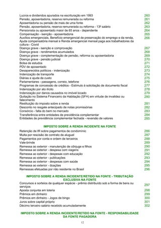 12
Lucros e dividendos apurados na escrituração em 1993 260
Pensão, aposentadoria, reserva remunerada ou reforma 261
Aposentadoria ou pensão de mais de uma fonte 262
Pensão, aposentadoria, reserva remunerada ou reforma - 13º salário 263
Pensionista ou aposentado maior de 65 anos - dependente 264
Compensação - isenção - aposentadoria 265
Auxílios emergenciais, Benefício emergencial de preservação do emprego e da renda,
Ajuda compensatória mensal e Renda emergencial mensal paga aos trabalhadores da
cultura - Covid
266
Doença grave - isenção e comprovação 267
Doença grave - rendimentos acumulados 268
Doença grave - complementação de pensão, reforma ou aposentadoria 269
Doença grave - pensão judicial 270
Bolsa de estudos 271
PDV de aposentado 272
Desaparecidos políticos - indenização 273
Indenização de transporte 274
Diárias e ajuda de custo 275
Parlamentares - passagens, correio, telefone 276
Programas de concessão de créditos - Estímulo à solicitação de documento fiscal 277
Indenização por ato ilícito 278
Indenização por danos causados no imóvel locado 279
Quitação no Sistema Financeiro da Habitação (SFH) em virtude de invalidez ou
falecimento
280
Restituição do imposto sobre a renda 281
Desconto no resgate antecipado de notas promissórias 282
Consórcio - falta do bem no mercado 283
Transferência entre entidades de previdência complementar
Entidades de previdência complementar fechada - reversão de valores
284
285
IMPOSTO SOBRE A RENDA INCIDENTE NA FONTE
Retenção de IR sobre pagamentos de condomínio 286
Multa por rescisão de contrato de aluguel 287
Pagamentos por conta e ordem de terceiros 288
Vale-brinde 289
Remessa ao exterior - manutenção de cônjuge e filhos
Remessa ao exterior - despesa com viagens
290
291
Remessa ao exterior - despesas com educação 292
Remessa ao exterior - publicações 293
Remessa ao exterior - despesas com saúde 294
Remessa ao exterior - doações 295
Remessas efetuadas por não residente no Brasil 296
IMPOSTO SOBRE A RENDA INCIDENTE/RETIDO NA FONTE - TRIBUTAÇÃO
EXCLUSIVA NA FONTE
Concursos e sorteios de qualquer espécie - prêmio distribuído sob a forma de bens ou
serviços
297
Aposta conjunta em loteria 298
Prêmios em dinheiro 299
Prêmios em dinheiro - Jogos de bingo 300
Juros sobre capital próprio 301
Décimo terceiro salário recebido acumuladamente 302
IMPOSTO SOBRE A RENDA INCIDENTE/RETIDO NA FONTE - RESPONSABILIDADE
DA FONTE PAGADORA
 