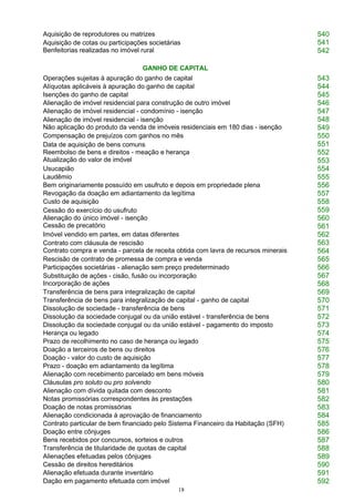 18
Aquisição de reprodutores ou matrizes 540
Aquisição de cotas ou participações societárias
Benfeitorias realizadas no imóvel rural
541
542
GANHO DE CAPITAL
Operações sujeitas à apuração do ganho de capital 543
Alíquotas aplicáveis à apuração do ganho de capital 544
Isenções do ganho de capital 545
Alienação de imóvel residencial para construção de outro imóvel 546
Alienação de imóvel residencial - condomínio - isenção 547
Alienação de imóvel residencial - isenção
Não aplicação do produto da venda de imóveis residenciais em 180 dias - isenção
548
549
Compensação de prejuízos com ganhos no mês 550
Data de aquisição de bens comuns
Reembolso de bens e direitos - meação e herança
Atualização do valor de imóvel
551
552
553
Usucapião 554
Laudêmio 555
Bem originariamente possuído em usufruto e depois em propriedade plena 556
Revogação da doação em adiantamento da legítima 557
Custo de aquisição 558
Cessão do exercício do usufruto
Alienação do único imóvel - isenção
Cessão de precatório
559
560
561
Imóvel vendido em partes, em datas diferentes 562
Contrato com cláusula de rescisão
Contrato compra e venda - parcela de receita obtida com lavra de recursos minerais
563
564
Rescisão de contrato de promessa de compra e venda 565
Participações societárias - alienação sem preço predeterminado 566
Substituição de ações - cisão, fusão ou incorporação
Incorporação de ações
567
568
Transferência de bens para integralização de capital 569
Transferência de bens para integralização de capital - ganho de capital 570
Dissolução de sociedade - transferência de bens 571
Dissolução da sociedade conjugal ou da união estável - transferência de bens 572
Dissolução da sociedade conjugal ou da união estável - pagamento do imposto 573
Herança ou legado 574
Prazo de recolhimento no caso de herança ou legado 575
Doação a terceiros de bens ou direitos 576
Doação - valor do custo de aquisição 577
Prazo - doação em adiantamento da legítima 578
Alienação com recebimento parcelado em bens móveis 579
Cláusulas pro soluto ou pro solvendo 580
Alienação com dívida quitada com desconto 581
Notas promissórias correspondentes às prestações 582
Doação de notas promissórias 583
Alienação condicionada à aprovação de financiamento 584
Contrato particular de bem financiado pelo Sistema Financeiro da Habitação (SFH) 585
Doação entre cônjuges 586
Bens recebidos por concursos, sorteios e outros 587
Transferência de titularidade de quotas de capital 588
Alienações efetuadas pelos cônjuges 589
Cessão de direitos hereditários 590
Alienação efetuada durante inventário 591
Dação em pagamento efetuada com imóvel 592
 
