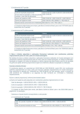 242
b) recebimento da 2ª parcela:
Item Cálculo
Custo de aquisição proporcional
[Custo total de aquisição x (Valor da parcela
recebida / Valor total de alienação)]
US$ 40,000.00 x (US$ 15,000.00 / US$ 50,000.00) =
US$ 12,000.00
Ganho de Capital em US$ US$ 15,000.00 - US$ 12,000.00 = US$ 3,000.00
Ganho de Capital em reais US$ 3,000.00 x R$ 2,86690 (*) = R$ 8.600,70
Imposto devido (vencimento em 31/08/2020) R$ 8.600,70 x 15% = R$ 1.290,11
(*) Cotação do dólar fixada para compra, pelo Banco Central do Brasil, para o dia 31/07/2020 (data do
recebimento da 2ª parcela).
c) recebimento da 3ª e última parcela
Item Cálculo
Custo de aquisição proporcional
[Custo total de aquisição x (Valor da parcela
recebida / Valor total de alienação)]
US$ 40,000.00 x (US$ 15,000.00 / US$ 50,000.00) =
US$ 12,000.00
Ganho de Capital em US$ US$ 15,000.00 - US$ 12,000.00 = US$ 3,000.00
Ganho de Capital em reais US$ 3,000.00 x R$ 2,99220 (*) = R$ 8.976,60
Imposto devido (vencimento em 30/09/2020) R$ 8.976,60 x 15% = R$ 1.346,49
(*) Cotação do dólar fixada para compra, pelo Banco Central do Brasil, para o dia 14/08/2020 (data do
recebimento da 3ª parcela).
3. Bens e direitos adquiridos e aplicações financeiras realizadas com rendimentos auferidos
originariamente parte em reais, parte em moeda estrangeira.
Na hipótese de bens ou direitos adquiridos e aplicações financeiras realizadas em moeda estrangeira com
rendimentos auferidos originariamente parte em reais, parte em moeda estrangeira, os valores de alienação,
liquidação ou resgate e os custos de aquisição ou valores originais são determinados, para fins de apuração
do ganho de capital, de forma proporcional à origem do rendimento utilizado na aquisição ou realização.
Exemplo (cotações fictícias):
O contribuinte adquiriu um automóvel em 23/03/1999 por US$ 50,000.00, sendo 80% com rendimentos
auferidos originariamente em reais e 20% com recursos auferidos originariamente em moeda estrangeira.
Este automóvel foi alienado em 12/06/2020 por US$ 62,500.00, em três parcelas, sendo a primeira de
US$ 25,000.00 em 12/06/2020 e as seguintes de US$ 18,750.00 em 17/07/2020 e 14/08/2020,
respectivamente.
Faz-se o cálculo proporcional, conforme demonstrado abaixo:
a) Ganho de Capital da parte adquirida com rendimentos auferidos originariamente em reais:
Valor de alienação = US$ 62,500.00 x 80% = US$ 50,000.00;
Custo de aquisição = US$ 50,000.00 x 80% = US$ 40,000.00;
Custo de aquisição = US$ 40,000.00 x R$ 1,8516 (*) = R$ 74.064,00;
(*) Cotação do dólar fixada para venda, pelo Banco Central do Brasil, para o dia 23/03/1999 (data do
pagamento, na aquisição).
Calcula-se o imposto devido correspondente a cada parcela:
a.1) recebimento da 1ª parcela:
Item Cálculo
Valor da parcela recebida em dólares dos
EUA
US$ 25,000.00 x 80% = US$ 20,000.00
Valor da parcela recebida em reais US$ 20,000.00 x R$ 2,85000 (*) = R$ 57.000,00
 
