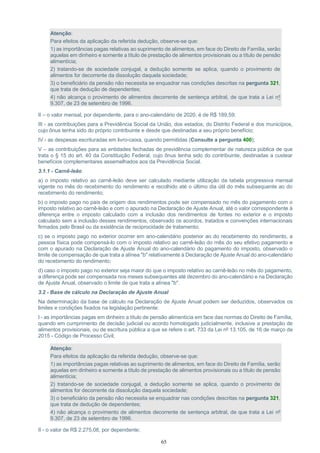 65
Atenção:
Para efeitos da aplicação da referida dedução, observe-se que:
1) as importâncias pagas relativas ao suprimento de alimentos, em face do Direito de Família, serão
aquelas em dinheiro e somente a título de prestação de alimentos provisionais ou a título de pensão
alimentícia;
2) tratando-se de sociedade conjugal, a dedução somente se aplica, quando o provimento de
alimentos for decorrente da dissolução daquela sociedade;
3) o beneficiário da pensão não necessita se enquadrar nas condições descritas na pergunta 321,
que trata de dedução de dependentes;
4) não alcança o provimento de alimentos decorrente de sentença arbitral, de que trata a Lei nº
9.307, de 23 de setembro de 1996.
II – o valor mensal, por dependente, para o ano-calendário de 2020, é de R$ 189,59;
III - as contribuições para a Previdência Social da União, dos estados, do Distrito Federal e dos municípios,
cujo ônus tenha sido do próprio contribuinte e desde que destinadas a seu próprio benefício;
IV - as despesas escrituradas em livro-caixa, quando permitidas (Consulte a pergunta 400);
V – as contribuições para as entidades fechadas de previdência complementar de natureza pública de que
trata o § 15 do art. 40 da Constituição Federal, cujo ônus tenha sido do contribuinte, destinadas a custear
benefícios complementares assemelhados aos da Previdência Social.
3.1.1 - Carnê-leão
a) o imposto relativo ao carnê-leão deve ser calculado mediante utilização da tabela progressiva mensal
vigente no mês do recebimento do rendimento e recolhido até o último dia útil do mês subsequente ao do
recebimento do rendimento;
b) o imposto pago no país de origem dos rendimentos pode ser compensado no mês do pagamento com o
imposto relativo ao carnê-leão e com o apurado na Declaração de Ajuste Anual, até o valor correspondente à
diferença entre o imposto calculado com a inclusão dos rendimentos de fontes no exterior e o imposto
calculado sem a inclusão desses rendimentos, observado os acordos, tratados e convenções internacionais
firmados pelo Brasil ou da existência de reciprocidade de tratamento;
c) se o imposto pago no exterior ocorrer em ano-calendário posterior ao do recebimento do rendimento, a
pessoa física pode compensá-lo com o imposto relativo ao carnê-leão do mês do seu efetivo pagamento e
com o apurado na Declaração de Ajuste Anual do ano-calendário do pagamento do imposto, observado o
limite de compensação de que trata a alínea "b" relativamente à Declaração de Ajuste Anual do ano-calendário
do recebimento do rendimento;
d) caso o imposto pago no exterior seja maior do que o imposto relativo ao carnê-leão no mês do pagamento,
a diferença pode ser compensada nos meses subsequentes até dezembro do ano-calendário e na Declaração
de Ajuste Anual, observado o limite de que trata a alínea "b".
3.2 - Base de cálculo na Declaração de Ajuste Anual
Na determinação da base de cálculo na Declaração de Ajuste Anual podem ser deduzidos, observados os
limites e condições fixados na legislação pertinente:
I - as importâncias pagas em dinheiro a título de pensão alimentícia em face das normas do Direito de Família,
quando em cumprimento de decisão judicial ou acordo homologado judicialmente, inclusive a prestação de
alimentos provisionais, ou de escritura pública a que se refere o art. 733 da Lei nº 13.105, de 16 de março de
2015 - Código de Processo Civil;
Atenção:
Para efeitos da aplicação da referida dedução, observe-se que:
1) as importâncias pagas relativas ao suprimento de alimentos, em face do Direito de Família, serão
aquelas em dinheiro e somente a título de prestação de alimentos provisionais ou a título de pensão
alimentícia;
2) tratando-se de sociedade conjugal, a dedução somente se aplica, quando o provimento de
alimentos for decorrente da dissolução daquela sociedade;
3) o beneficiário da pensão não necessita se enquadrar nas condições descritas na pergunta 321,
que trata de dedução de dependentes;
4) não alcança o provimento de alimentos decorrente de sentença arbitral, de que trata a Lei nº
9.307, de 23 de setembro de 1996.
II - o valor de R$ 2.275,08, por dependente;
 