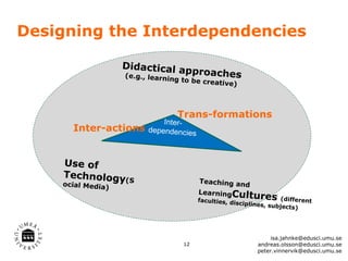 Designing the Interdependencies

                   Didactical a
                   (e.g
                                pproaches
                      ., learning to
                                     be creative)




                                Trans-formations
                            Inter-
      Inter-actions     dependencies



    U se o f
    Technology(
                S                      Teaching an
    ocial Media)                                   d
                                       LearningCu
                                                   ltur
                                       faculties, dis         es    (different
                                                     ciplines, sub
                                                                   jects)




                                                                isa.jahnke@edusci.umu.se
                                  12                       andreas.olsson@edusci.umu.se
                                                           peter.vinnervik@edusci.umu.se
 