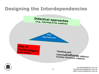 Designing the Interdependencies

                   Didactical a
                    (e
                                pproaches
                     .g., learning
                                   to be creativ
                                                 e)




                             Inter-
                         dependencies



    U se o f
    Technology(
                S                       Teaching an
    ocial Media)                                    d
                                        LearningCu
                                                    ltur
                                        faculties, dis         es    (different
                                                      ciplines, sub
                                                                    jects)




                                                                 isa.jahnke@edusci.umu.se
                                   21                       andreas.olsson@edusci.umu.se
                                                            peter.vinnervik@edusci.umu.se
 