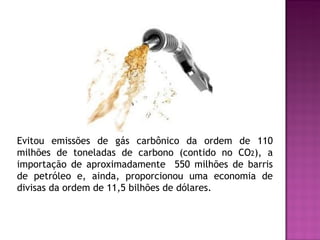 Evitou emissões de gás carbônico da ordem de 110 milhões de toneladas de carbono (contido no CO 2 ), a importação de aproximadamente  550 milhões de barris de petróleo e, ainda, proporcionou uma economia de divisas da ordem de 11,5 bilhões de dólares.  
