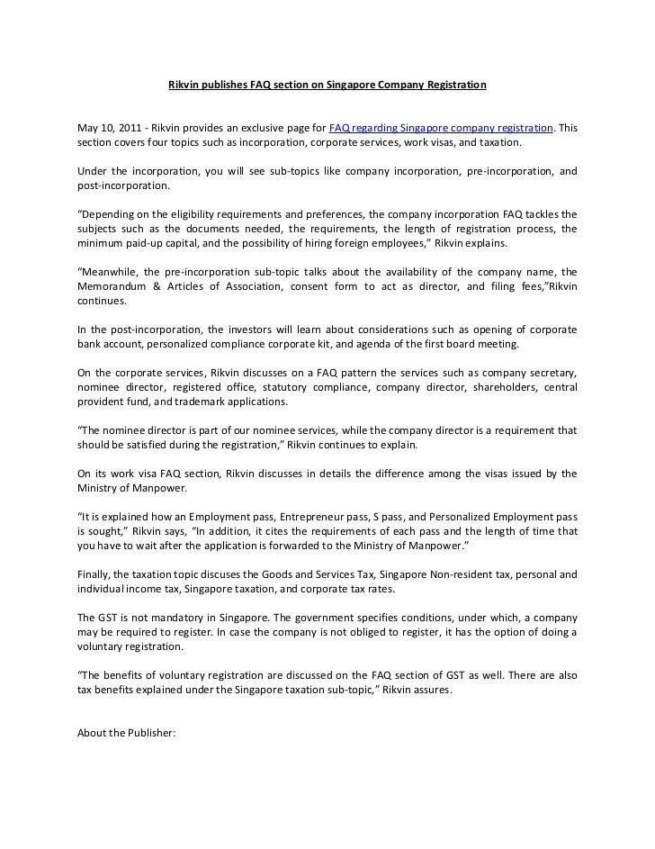 Rikvin Publishes Faq Section On Singapore Company Registration