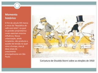 Momento
histórico
O fim do século XIX marca
o início da “República do
café-com-leite”, na qual
os grandes proprietários
rurais exerciam enorme
influência. Nossa
urbanização, ainda
incipiente, não produzia o
quadro de tensão no qual
vivia a Europa, mas já
dava sinais de
crescimento
principalmente em São
Paulo.
Caricatura de Osvaldo Storni sobre as eleições de 1910
 