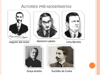 AUTORES PRÉ-MODERNISTAS
Augusto dos Anjos Monteiro Lobato Lima Barreto
Graça Aranha Euclides da Cunha
 