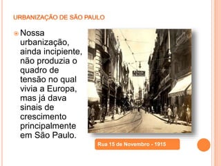  Nossa
urbanização,
ainda incipiente,
não produzia o
quadro de
tensão no qual
vivia a Europa,
mas já dava
sinais de
crescimento
principalmente
em São Paulo.
Rua 15 de Novembro - 1915
 