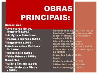 Romance:
Recordações do Escrivão Isaías
Caminha (tematiza preconceito
racial e crítica ao jornalismo
carioca - 1909)
Triste Fim de Policarpo
Quaresma (inicialmente
publicado em folhetins - 1915)
Vida e Morte de M. J. Gonzaga e
Sá (1919)
Clara dos Anjos (1948)
Conto:
História e Sonhos (1956)
Sátira Política e Literária:
Os Bruzundangas (1923)
OBRAS
PRINCIPAIS:
Humorismo:
Aventuras do Dr.
Bogoloff (1912)
Artigos e Crônicas:
Feiras e Mafuás (1956)
Bagatelas (1956)
Crônicas sobre Folclore
Urbano:
Matginália (1956)
Vida Urbana (1956)
Memórias:
Diário Íntimo (1956)
Cemitério dos Vivos
(1956)
 