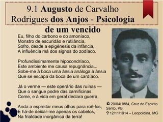 9.1 Augusto de Carvalho
Rodrigues dos Anjos - Psicologia
de um vencido
20/04/1884, Cruz do Espirito
Santo, PB
12/11/1914 – Leopoldina, MG
Eu, filho do carbono e do amoníaco,
Monstro de escuridão e rutilância,
Sofro, desde a epigênesis da infância,
A influência má dos signos do zodíaco.
Profundíssimamente hipocondríaco,
Este ambiente me causa repugnância...
Sobe-me à boca uma ânsia análoga à ânsia
Que se escapa da boca de um cardíaco.
Já o verme — este operário das ruínas —
Que o sangue podre das carnificinas
Come, e à vida em geral declara guerra,
Anda a espreitar meus olhos para roê-los,
E há-de deixar-me apenas os cabelos,
Na frialdade inorgânica da terra!
 