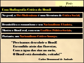 No geral, o Pré-Modernismo é uma literatura de Crítica Social.
Pré-
Modernismo
Uma Radiografia Crítica do Brasil
Mostra o Brasil real, com seus Conflitos Político-Sociais.
Desmistifica o romantismo e seu Nacionalismo Ufanista.
Portanto, um Nacionalismo Crítico-Amargo.
“Precisamos descobriro Brasil!
Escondido atrás das florestas,
Coma água dos rios no meio,
OBrasil está dormindo, coitado!”
Carlos Drummond de Andrade
 