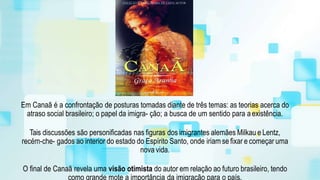 Em Canaã é a confrontação de posturas tomadas diante de três temas: as teorias acerca do
atraso social brasileiro; o papel da imigra- ção; a busca de um sentido para aexistência.
Tais discussões são personificadas nas figuras dos imigrantes alemães Milkau e Lentz,
recém-che- gados ao interior do estado do Espírito Santo, onde iriam se fixar e começar uma
nova vida.
O final de Canaã revela uma visão otimista do autor em relação ao futuro brasileiro, tendo
como grande mote a importância da imigração para o país.
 