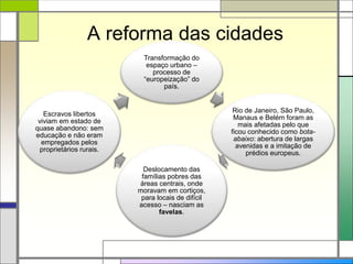 A reforma das cidades
Transformação do
espaço urbano –
processo de
“europeização” do
país.
Rio de Janeiro, São Paulo,
Manaus e Belém foram as
mais afetadas pelo que
ficou conhecido como bota-
abaixo: abertura de largas
avenidas e a imitação de
prédios europeus.
Deslocamento das
famílias pobres das
áreas centrais, onde
moravam em cortiços,
para locais de difícil
acesso – nasciam as
favelas.
Escravos libertos
viviam em estado de
quase abandono: sem
educação e não eram
empregados pelos
proprietários rurais.
 