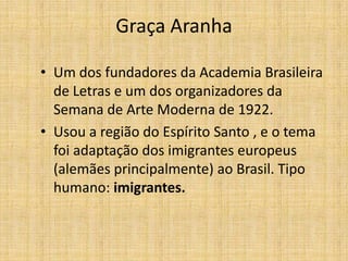 Graça Aranha
• Um dos fundadores da Academia Brasileira
de Letras e um dos organizadores da
Semana de Arte Moderna de 1922.
• Usou a região do Espírito Santo , e o tema
foi adaptação dos imigrantes europeus
(alemães principalmente) ao Brasil. Tipo
humano: imigrantes.
 