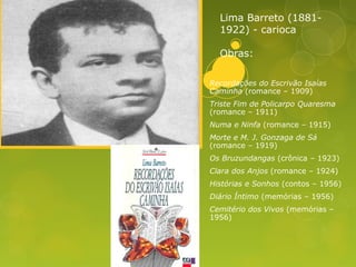Lima Barreto (1881-
1922) - carioca
Obras:
Recordações do Escrivão Isaías
Caminha (romance – 1909)
Triste Fim de Policarpo Quaresma
(romance – 1911)
Numa e Ninfa (romance – 1915)
Morte e M. J. Gonzaga de Sá
(romance – 1919)
Os Bruzundangas (crônica – 1923)
Clara dos Anjos (romance – 1924)
Histórias e Sonhos (contos – 1956)
Diário Íntimo (memórias – 1956)
Cemitério dos Vivos (memórias –
1956)
 