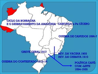 CICLO DA BORRACHA E O DESBRAVAMENTO DA AMAZÔNIA POLÍTICA CAFÉ- COM -LEITE 1894-1930 GUERRA DE CANUDOS 1896-7 CANGAÇO e Pe CÍCERO REV. DA VACINA 1903 REV. DA CHIBATA 1910 GUERRA DO CONTESTADO 1912-16 GREVE GERAL 1917 