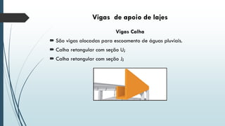 Vigas de apoio de lajes
Vigas Calha
 São vigas alocadas para escoamento de águas pluviais.
 Calha retangular com seção U;
 Calha retangular com seção J;
 