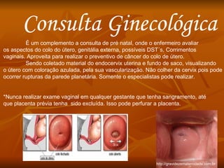 Consulta Ginecológica É um complemento a consulta de pré natal, onde o enfermeiro avaliar  os aspectos do colo do útero, genitália externa, possíveis DST´s, Corrimentos vaginais. Aproveita para realizar o preventivo de câncer do colo de útero.  Sendo coletado material do endocervix uterina e fundo de saco, visualizando  o útero com coloração azulada, pela sua vascularização. Não colher da cervix pois pode  ocorrer rupturas da parede planetária. Somente o especialistas pode realizar.  *Nunca realizar exame vaginal em qualquer gestante que tenha sangramento, até  que placenta prévia tenha  sido excluída. Isso pode perfurar a placenta.  http://gravidezematernidade.com.br 