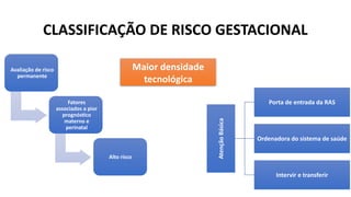 CLASSIFICAÇÃO DE RISCO GESTACIONAL
Avaliação de risco
permanente
Fatores
associados a pior
prognóstico
materno e
perinatal
Alto risco
Maior densidade
tecnológica
Atenção
Básica
Porta de entrada da RAS
Ordenadora do sistema de saúde
Intervir e transferir
 