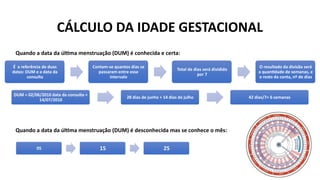 CÁLCULO DA IDADE GESTACIONAL
É a referência de duas
datas: DUM e a data da
consulta
Contam-se quantos dias se
passaram entre esse
intervalo
Total de dias será dividido
por 7
O resultado da divisão será
a quantidade de semanas, e
o resto da conta, nº de dias
DUM = 02/06/2010 data da consulta =
14/07/2010
28 dias de junho + 14 dias de julho 42 dias/7= 6 semanas
Quando a data da última menstruação (DUM) é conhecida e certa:
Quando a data da última menstruação (DUM) é desconhecida mas se conhece o mês:
05 15 25
 
