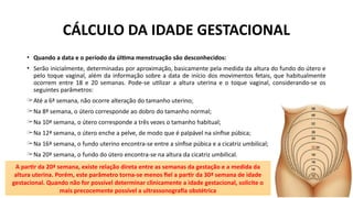 • Quando a data e o período da última menstruação são desconhecidos:
• Serão inicialmente, determinadas por aproximação, basicamente pela medida da altura do fundo do útero e
pelo toque vaginal, além da informação sobre a data de início dos movimentos fetais, que habitualmente
ocorrem entre 18 e 20 semanas. Pode-se utilizar a altura uterina e o toque vaginal, considerando-se os
seguintes parâmetros:
̶ Até a 6ª semana, não ocorre alteração do tamanho uterino;
̶ Na 8ª semana, o útero corresponde ao dobro do tamanho normal;
̶ Na 10ª semana, o útero corresponde a três vezes o tamanho habitual;
̶ Na 12ª semana, o útero enche a pelve, de modo que é palpável na sínfise púbica;
̶ Na 16ª semana, o fundo uterino encontra-se entre a sínfise púbica e a cicatriz umbilical;
̶ Na 20ª semana, o fundo do útero encontra-se na altura da cicatriz umbilical.
A partir da 20ª semana, existe relação direta entre as semanas da gestação e a medida da
altura uterina. Porém, este parâmetro torna-se menos fiel a partir da 30ª semana de idade
gestacional. Quando não for possível determinar clinicamente a idade gestacional, solicite o
mais precocemente possível a ultrassonografia obstétrica
CÁLCULO DA IDADE GESTACIONAL
 