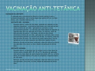 ROTEIRO DA PRIMEIRA CONSULTAEXAMES COMPLEMENTARESTESTE ANTI-HIV NA GRAVIDEZDeve ser sempre voluntário e acompanhado de aconselhamento pré e pós-teste.Negativo:se a gestante se enquadrar em um dos critérios de risco (portadora de alguma DST, prática de sexo inseguro, usuária ou parceira de usuário de drogas injetáveis) o exame deve ser repetido após três meses ou no momento da internação para o parto.Positivo:a gestante terá indicação do uso do AZT a partir da 14º semana para redução do risco de transmissão vertical devendo ser encaminhada para unidade de referência para acompanhamento.FATORES DE RISCO PARA DIABETES MELLITUS GESTACIONALÉ o tipo que aparece na gravidez, sobretudo se a mulher: tem mais de 25 anos; tem parentes próximos com Diabetes; teve filhos pesando mais de 4 kg ao nascer; teve abortos ou natimortos;teve filhos com malformação fetal; é obesa ou tenha aumentado muito de peso durante a gestação; teve polidrâmnio, DHEG; teve diabetes gestacional tem baixa estatura; tem distribuição central de gordura corporal.Chirlei A Ferreira
