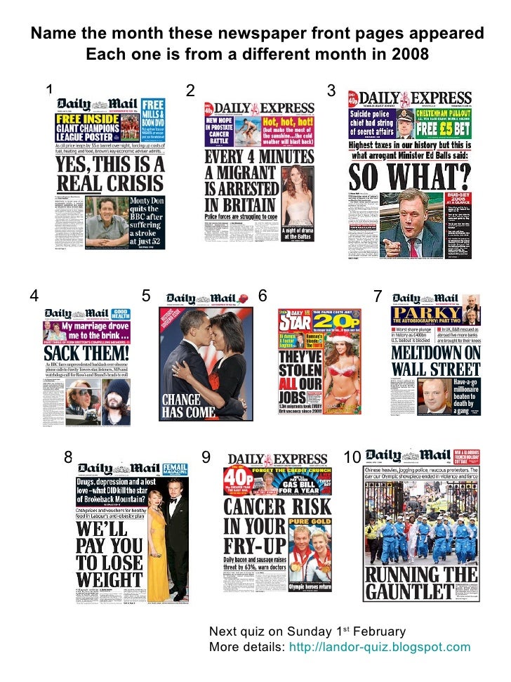 Newspaper Front Pages 2008 Picture Quiz
