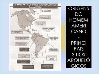 
ORIGENS
DO
HOMEM
AMERI
CANO
-
PRINCI
PAIS
SÍTIOS
ARQUELÓ
GICOS
 