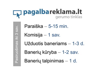 Paraiška – 5-15 min.
Pasiruošimas iki 3 sav.




                          Komisija – 1 sav.
                          Užduotis baneriams – 1-3 d.
                          Banerių kūryba – 1-2 sav.
                          Banerių talpinimas – 1 d.
 