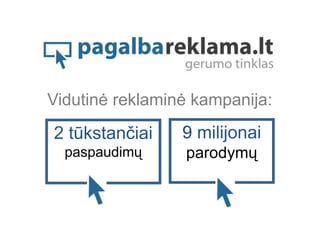 Vidutinė reklaminė kampanija:
2 tūkstančiai    9 milijonai
  paspaudimų     parodymų
 